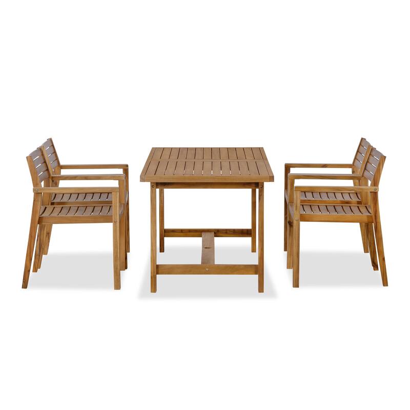 5-Piece Outdoor Acacia Wood Dining Set with Rectangular Table and Umbrella Hole for Family Gatherings