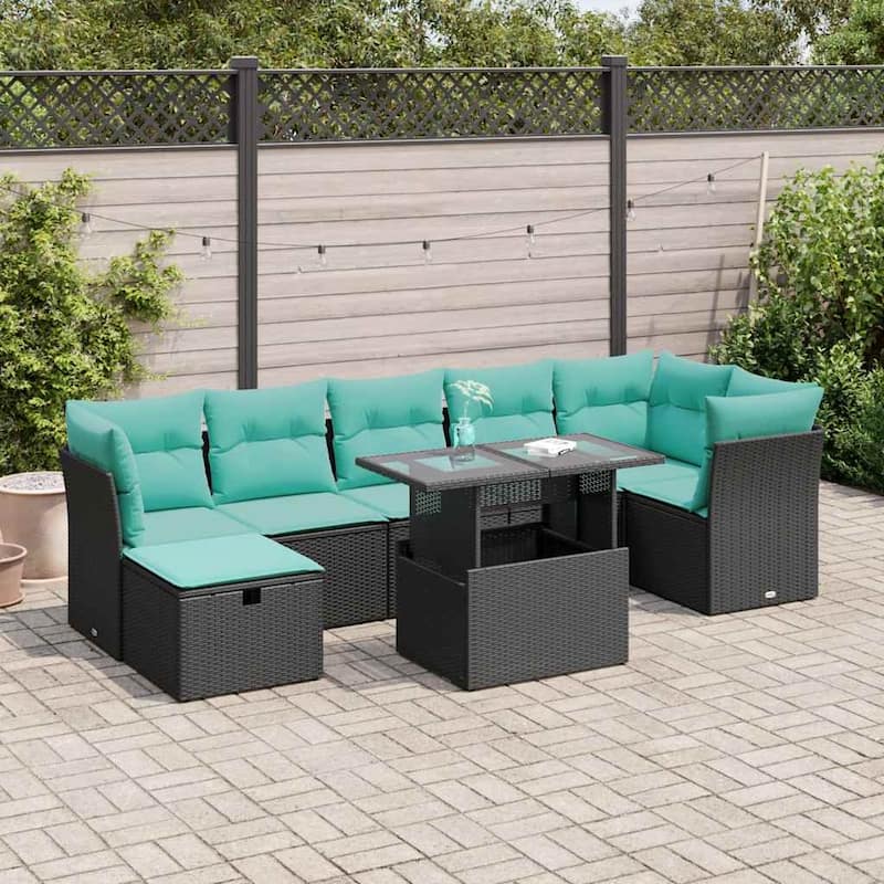 vidaXL Patio Sofa Set with Cushions and Table Outdoor Garden 8 Piece Poly Rattan - 24.4" x 24.4" x 27.2" - Black with storage