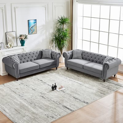 3+3 Seater Chesterfield Couch Set, Velvet Upholstered Deep Seat Sofa Set with Nailhead Trim, Rolled Arms and Tufted Back