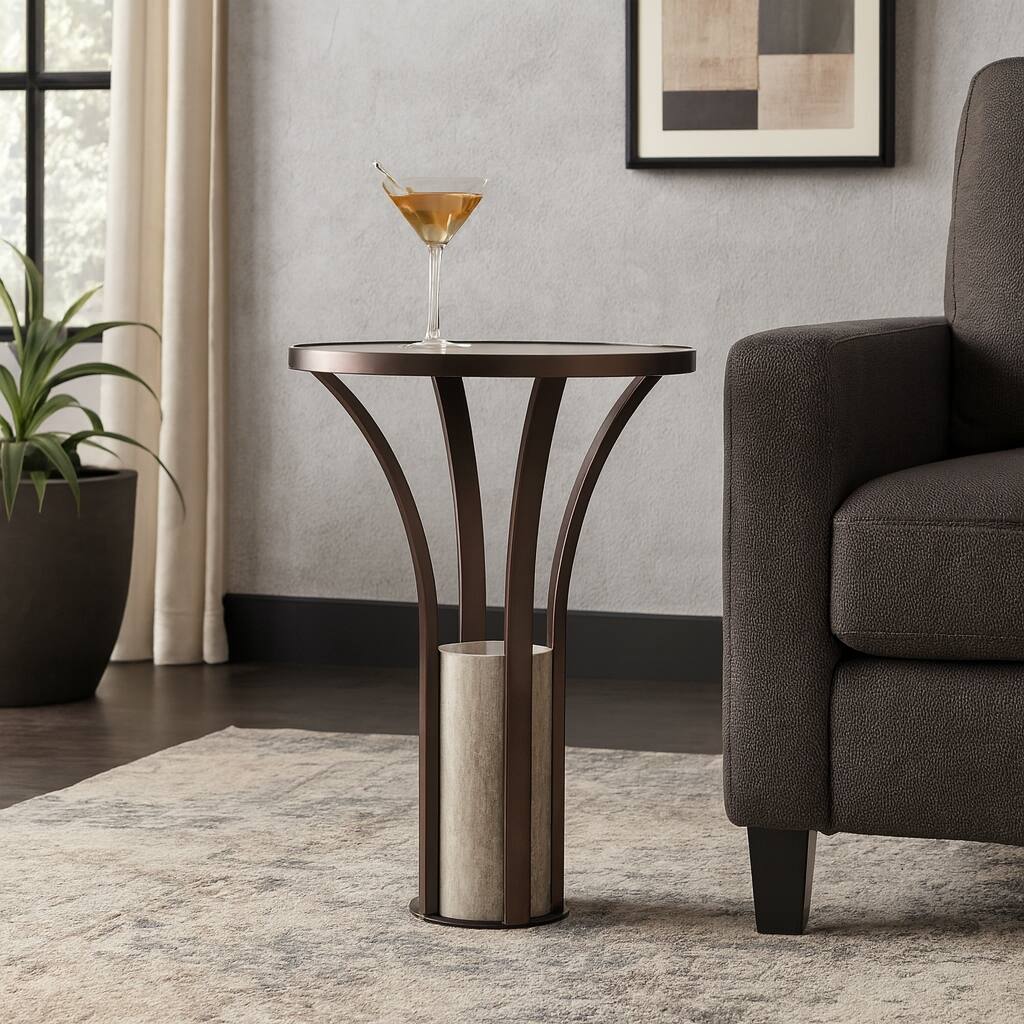 Side Table - Marble Top Cylindrical Pedestal - Bronze, 24" - 24.0"