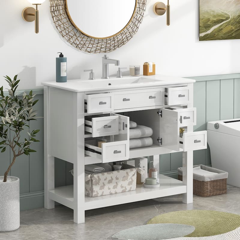 Bathroom Vanity with Top Sink, Bathroom Storage Cabinet with 2 Soft Closing Doors, Bathroom Vanities with 6 Drawers