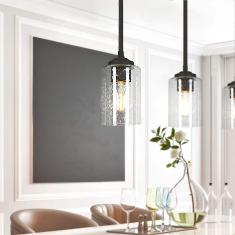 Modern Industrial 1-Light Black Pendant Seeded Glass Island Light for Dining Room Commercial - D3.9" x H7.2"