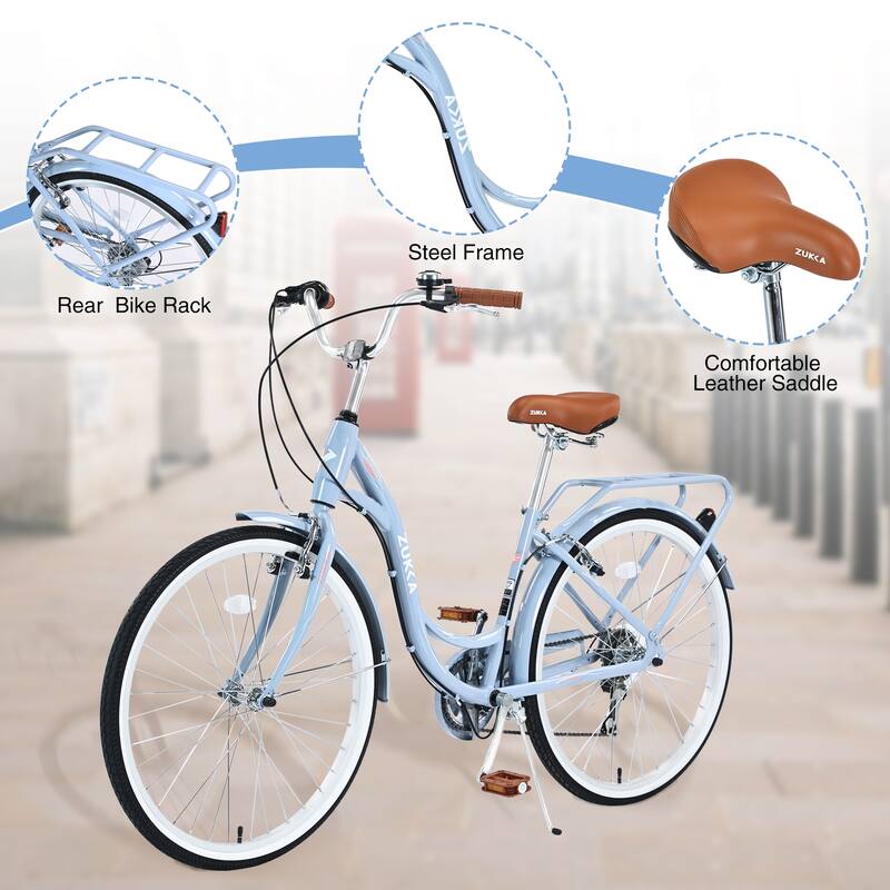 26 Inch Women's Bike, 7-Speed Shimano Shifter, Steel Frame, City Commuter Bicycle with Brown Leather Saddle and V Brakes