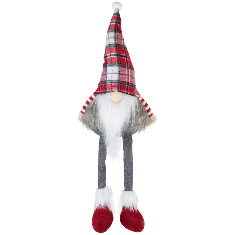 20.5" Red Gray and White Plaid Sitting Gnome Christmas Decoration