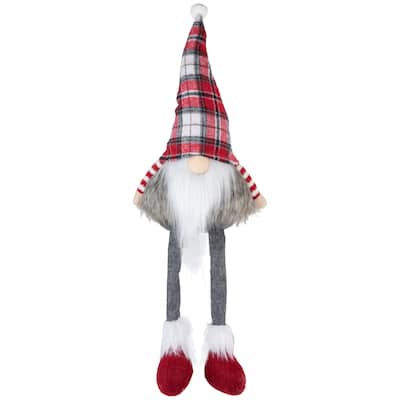 20.5" Red Gray and White Plaid Sitting Gnome Christmas Decoration