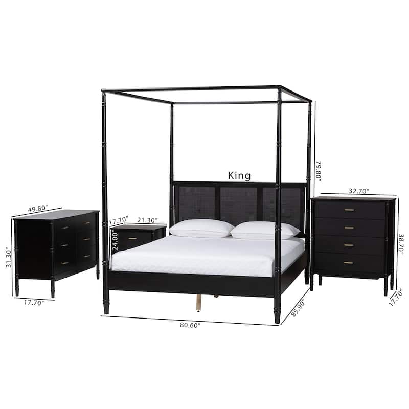 Marisela 4-Piece Black Bedroom Set - Canopy Bed with Synthetic Rattan Headboard, Matching Dresser, Chest, and Nightstand