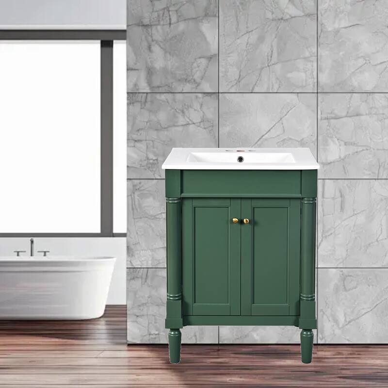 Modern 24'' Bathroom Vanity with Ceramic Sink, 2-Tier Storage Cabinet for Bathroom Essentials - Green