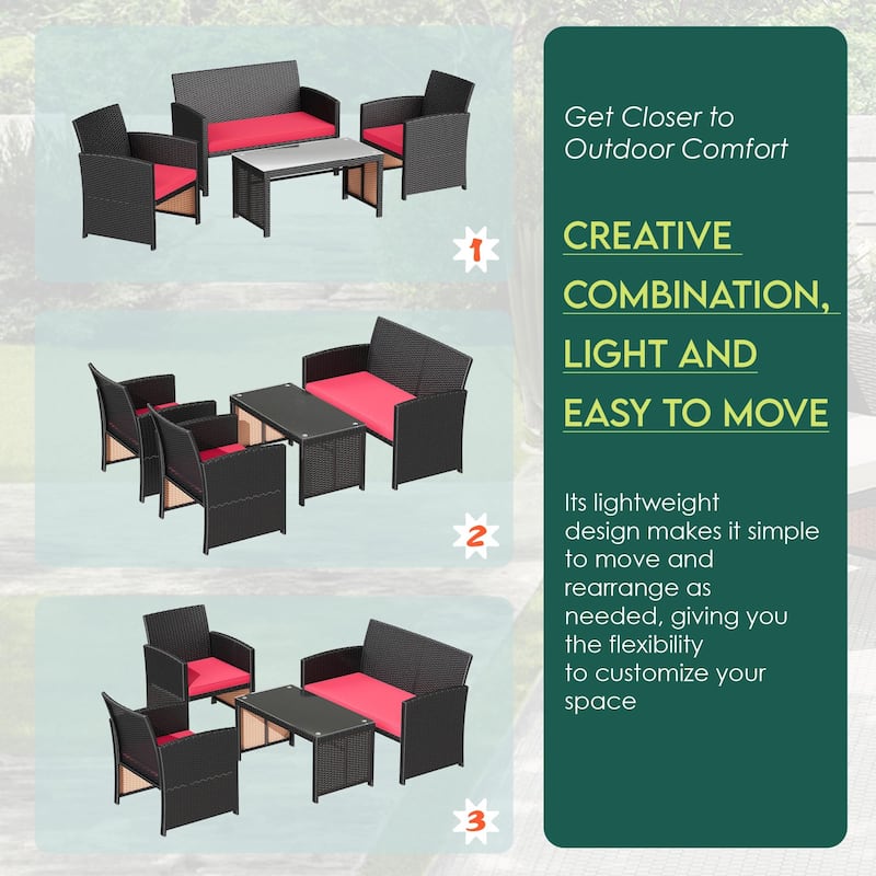 EROMMY 4-Piece Patio Furniture Set with Cushions, Wicker Sofa and Glass Coffee Table, All-Weather PE Rattan Conversation Set.