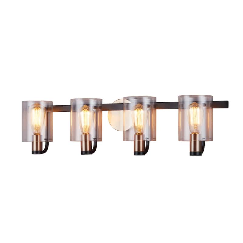 Justice Design Group Poise 4-Light Bath Bar with Brass Accents and Clear Acrylic Shade - Matte Black w/ Brass Accents