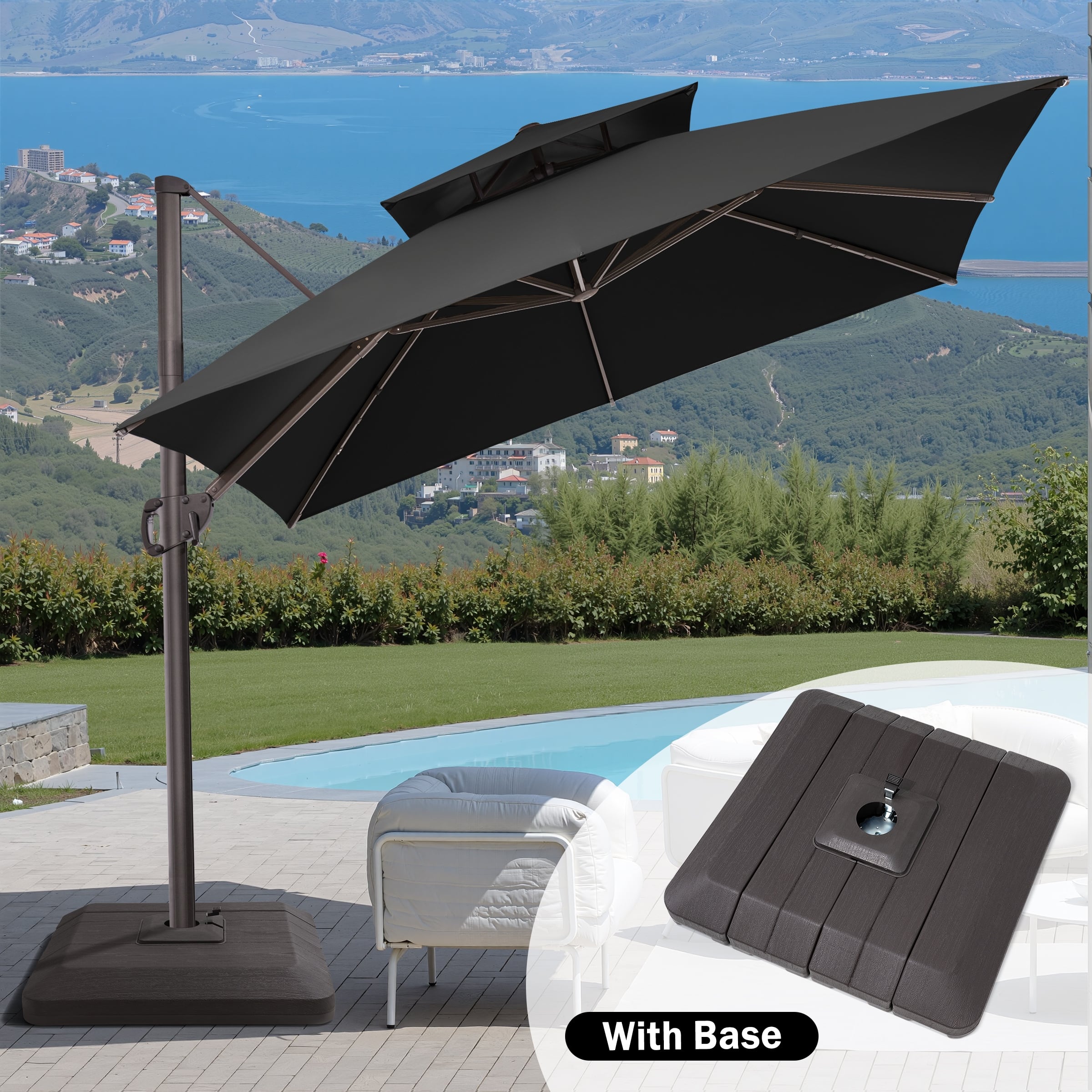black square patio umbrella 11.5' CANTILEVER UMBRELLA, The 360° rotating crank system allows 6 adjustable height and tilt positions without moving 9' Square Sunbrella Canvas Black