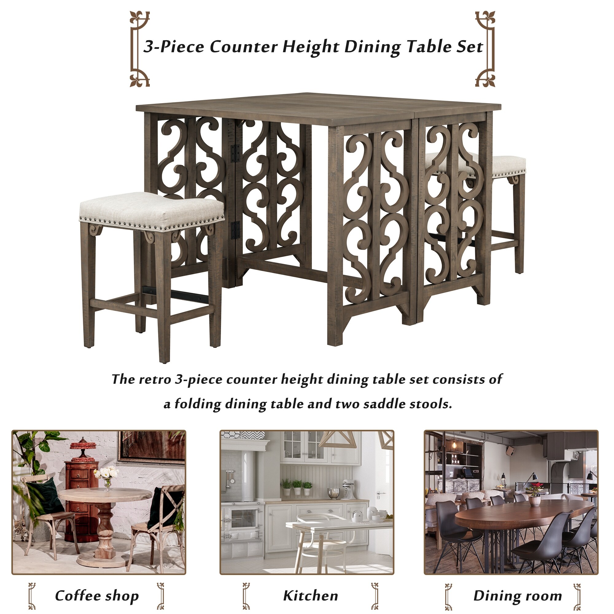 3 Piece Retro Dining Set Solid Wood Counter Height Pub Set Foldable Table with 2 Saddle Stools for Kitchen Small Space