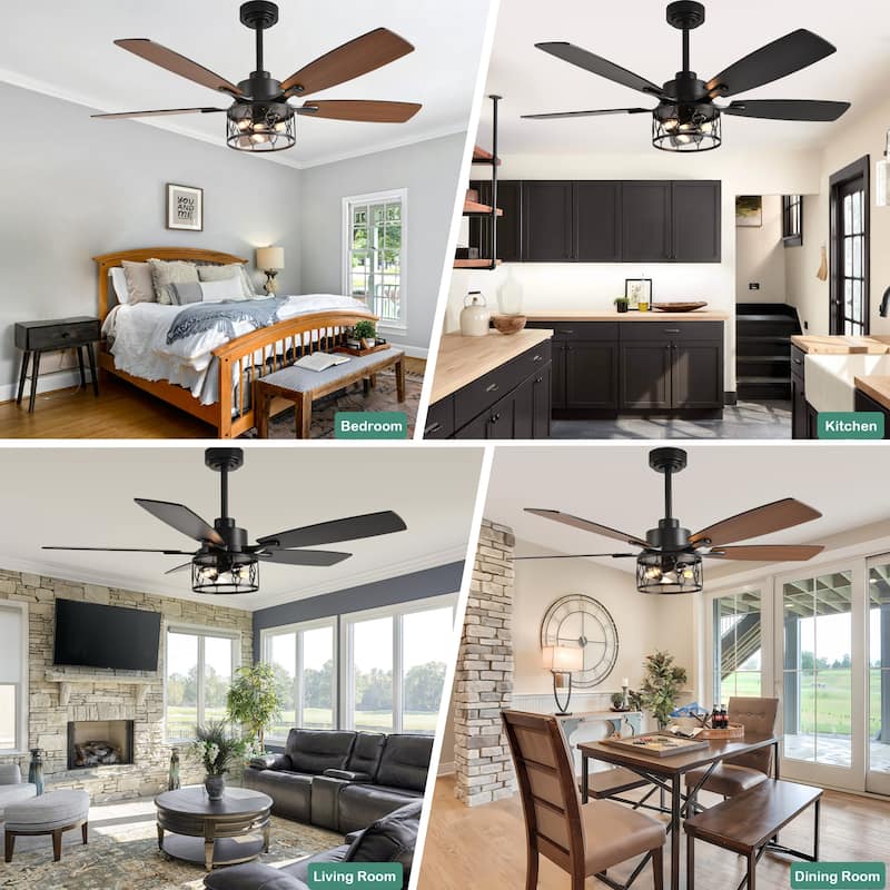 Cusp Barn 52 Inch Industrial Caged Ceiling Fan with Light and Remote, Farmhouse Quiet DC Motor Reversible Chandelier Ceiling Fan