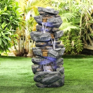 Details about   Outdoor Water Fountain LED Light Stacked Stone Tiered Bowls Garden Freestanding 