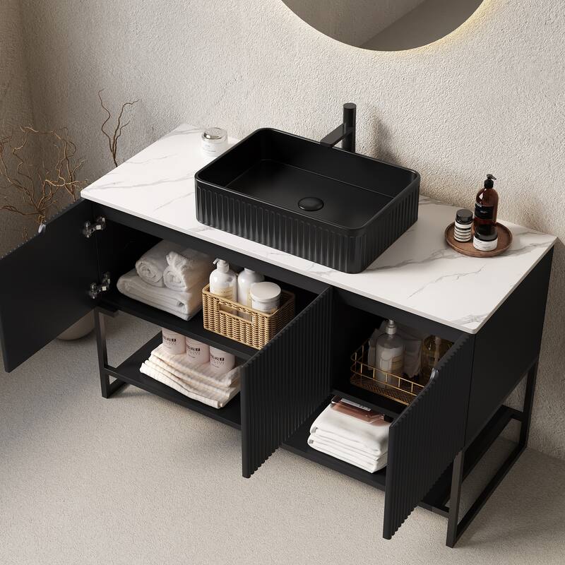 48" Bathroom Vanity with Rectangular Sink, Sintered Stone Counter Top Bathroom Storage Cabinet with 3 Doors and Open Shelf - Black,Carrara White - 48 Inch