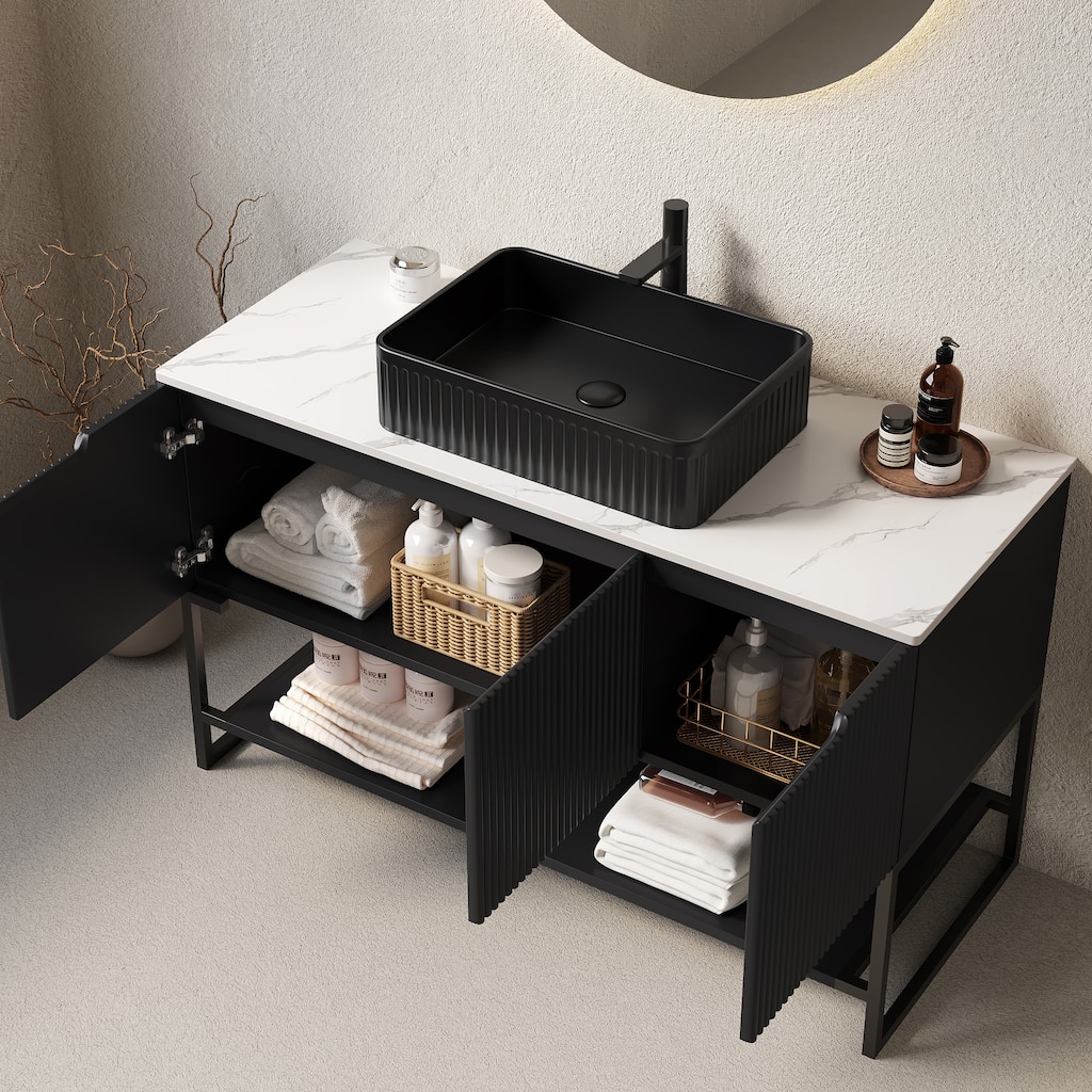 48" Bathroom Vanity with Rectangular Sink, Sintered Stone Counter Top Bathroom Storage Cabinet with 3 Doors and Open Shelf