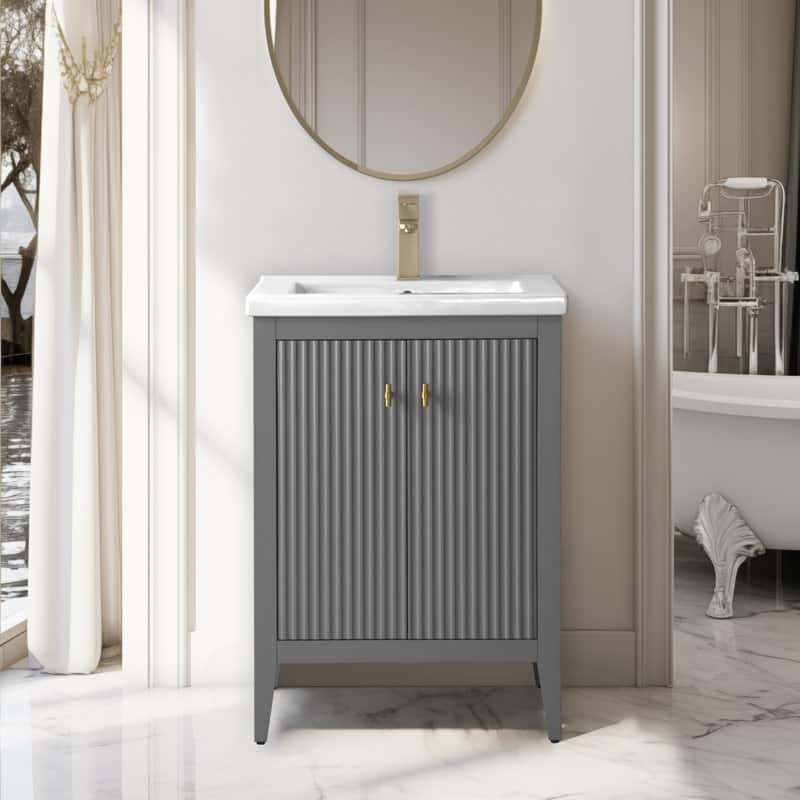 Vanity Art 24" Single Sink Bathroom Vanity Cabinet with Ceramic Top - 24"/Golden Brushed Handle - Linear Cashmere Gray