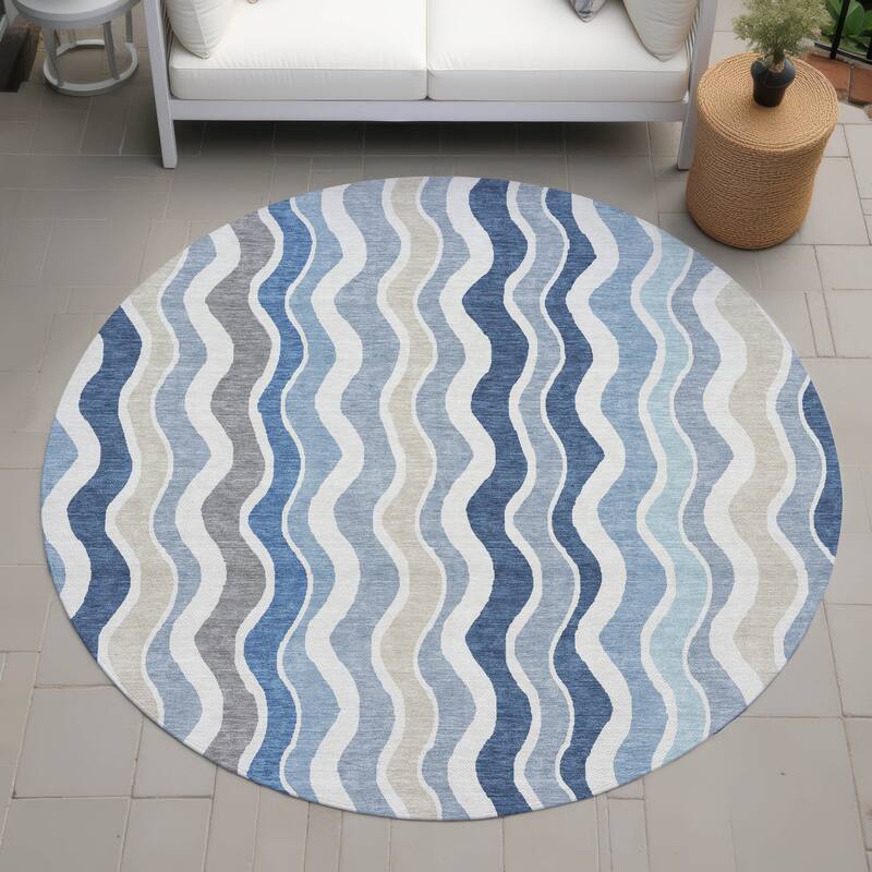 Machine Washable Indoor/ Outdoor Funky Stripe Chantille Rug - Blue - 8' x 8'