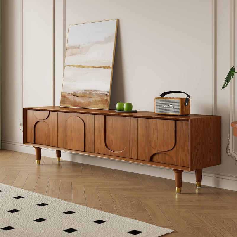 70.87" Mid Century TV Stands, Solid Wood with 4 Cabinets, Brown Media Console for Livingroom - Brown