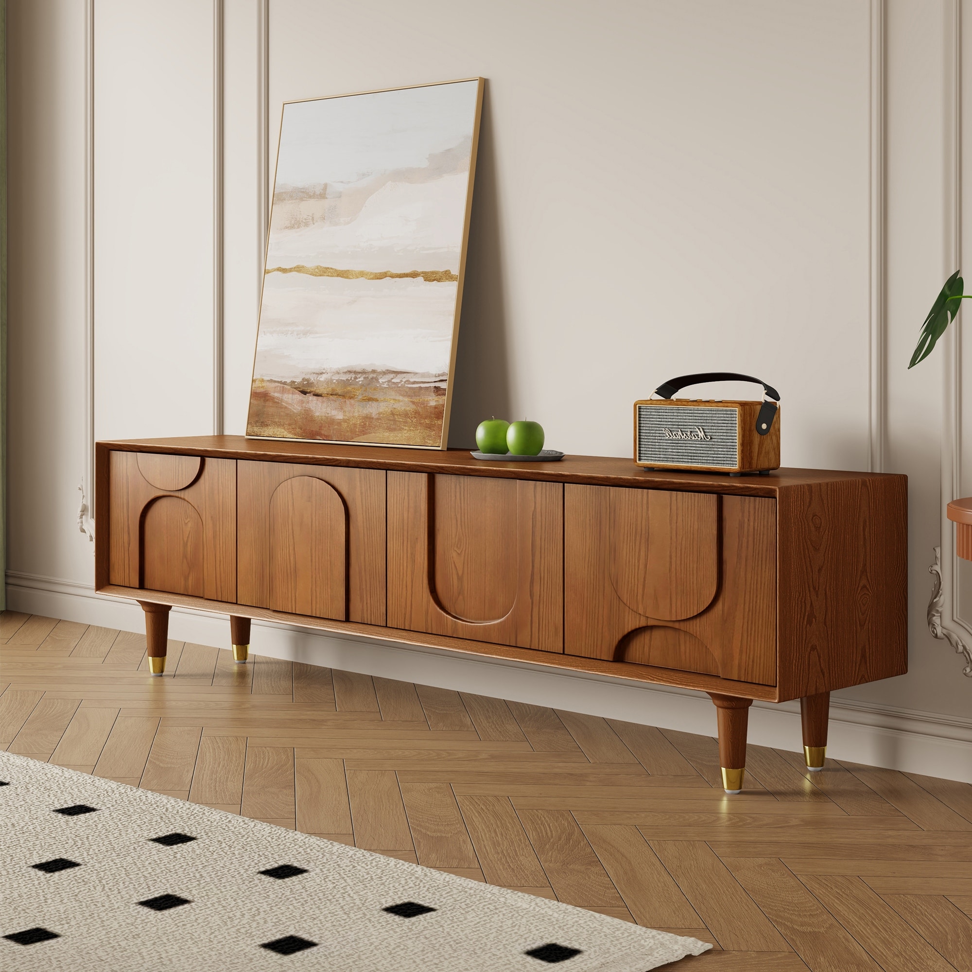 70.87" Mid Century TV Stands, Solid Wood with 4 Cabinets, Brown Media Console for Livingroom