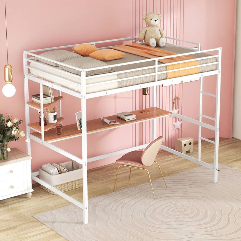 White Metal Loft Bed with Desk and Shelves, Modern Style, Creative