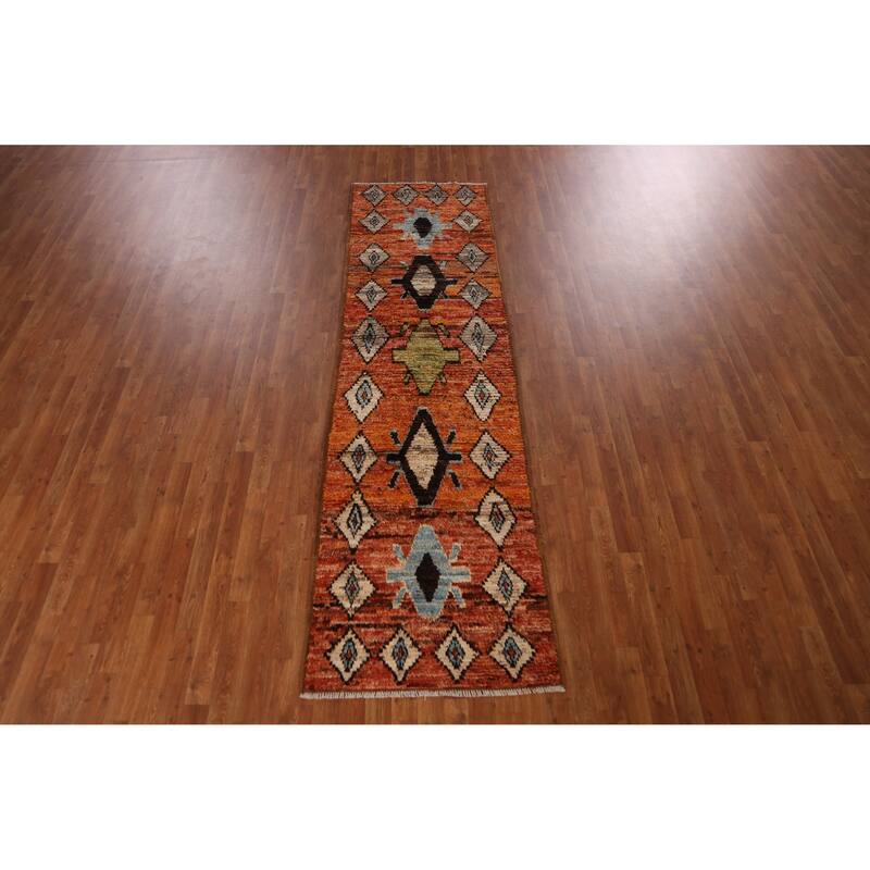 Geometric Orange Moroccan Oriental Runner Rug Handmade Wool Carpet - 2'9" x 9'9"
