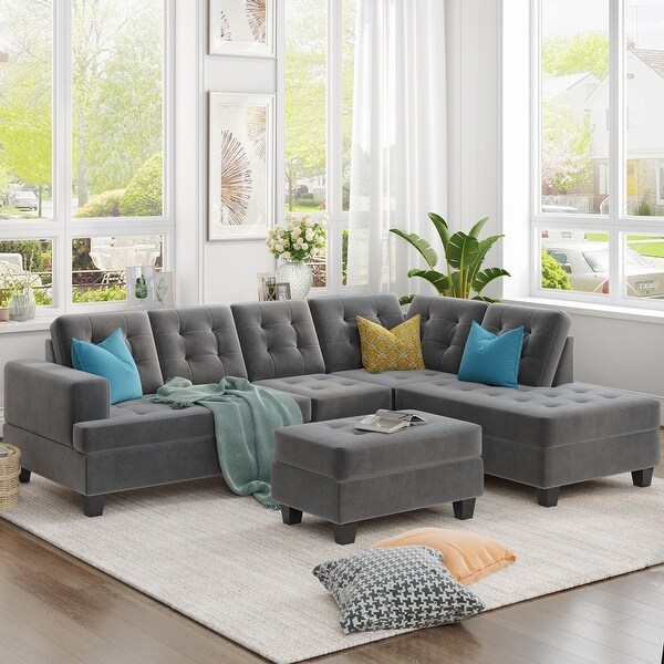 Upholstery Sectional Sofa with storage ottoman, thick cushions. Opens flyout.