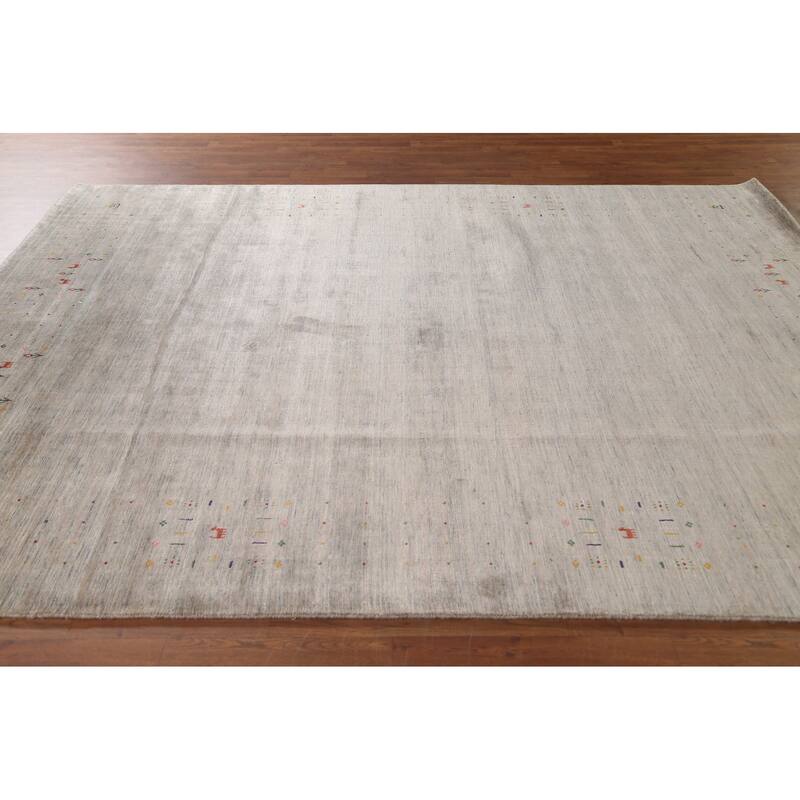 Beige Tribal Gabbeh Area Rug Hand-Knotted Wool Carpet - 7'10" x 9'8"