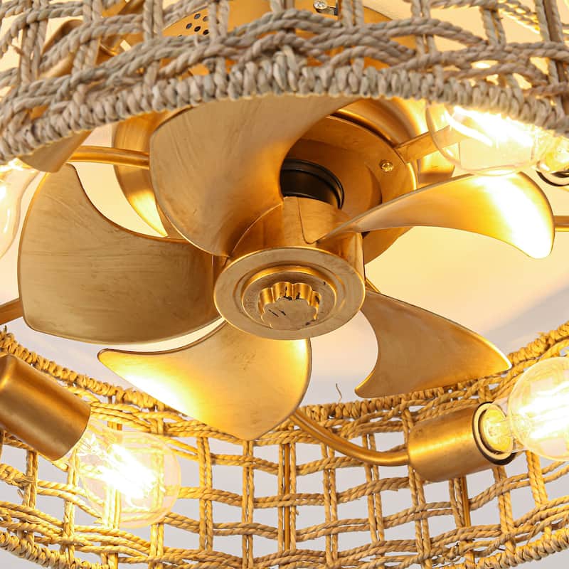 17.7" Natural Corn Straw Rope Gold Fandelier Flush Mount Ceiling Fan with Remote and App
