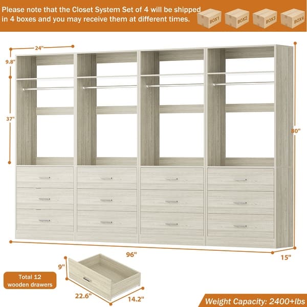 dimension image slide 3 of 10, Kyrvo Freestanding Closet System with 3 Wooden Drawers ＆ Hanging Rod ＆ Storage Shelf, Modular Walk-in Closet Organizer Wardrobe