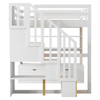 Full Size Loft Bed With Desk And Shelves, Two Built-In Drawers, Storage Staircase, White And Natural
