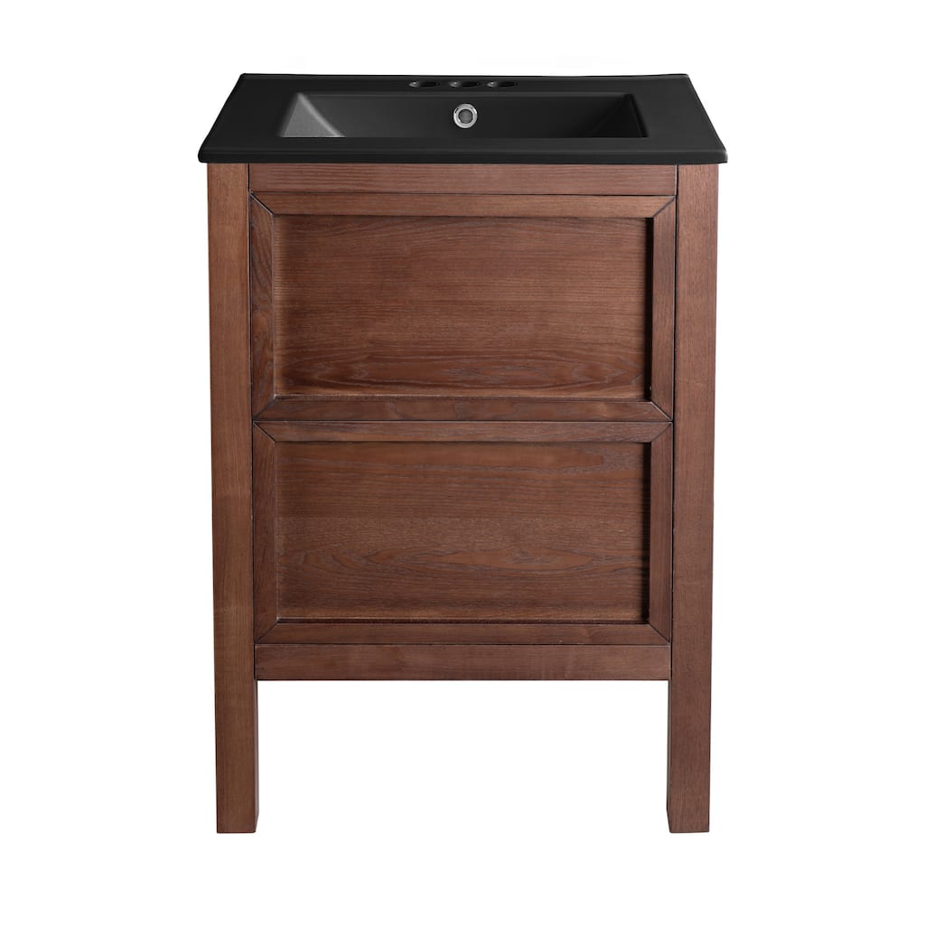Nadar 24 In. Brown Walnut Bathroom Vanity With Black, 3-Hole Ceramic Sink Top