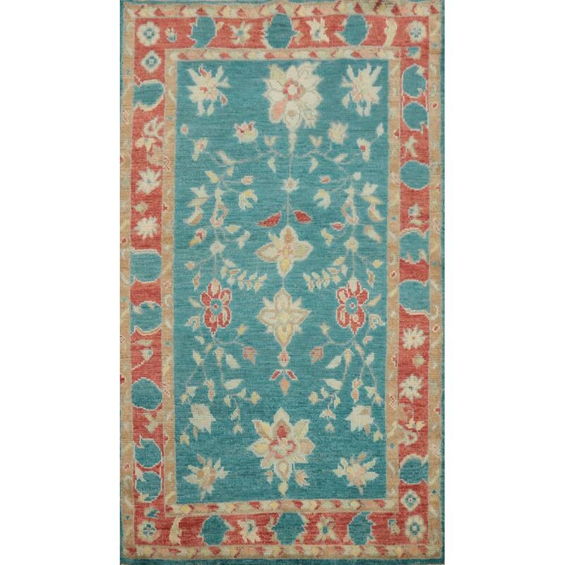 Hand Knotted Oriental 100% Wool Carpet Transitional All-Over Green Oushak Area Rug - 5' 5'' X 3' 2''