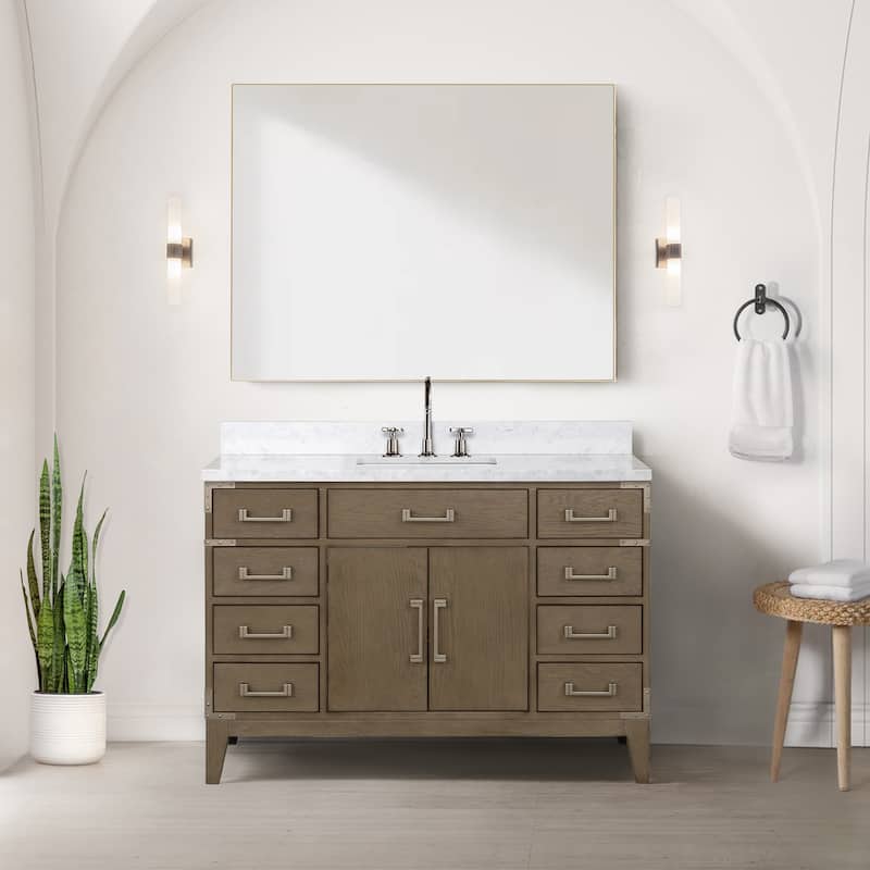 Lexora Laurel Bath Vanity, Carrara Marble Top, and Mirror - 48 Inch - Grey Oak