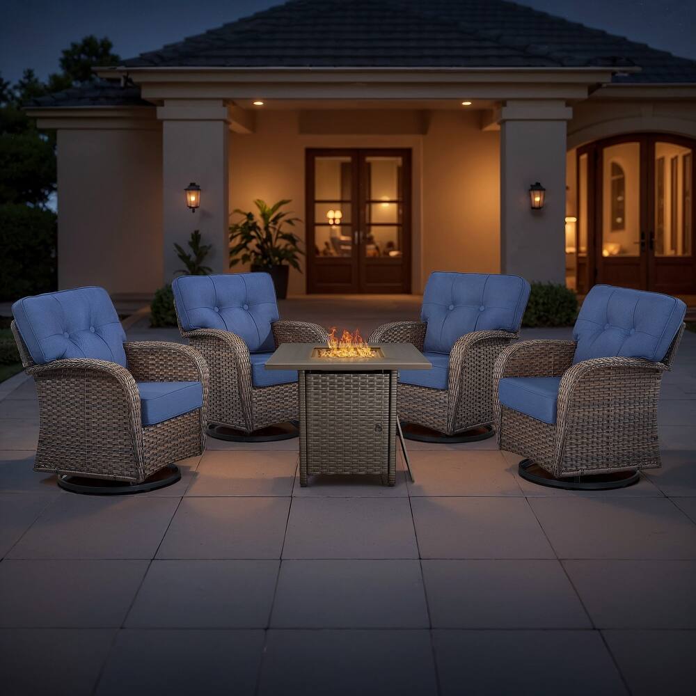 TWrap 5-Piece Wicker Patio Fire Pit Conversation Set with Swivel Gliders and 5-Inch Cushions