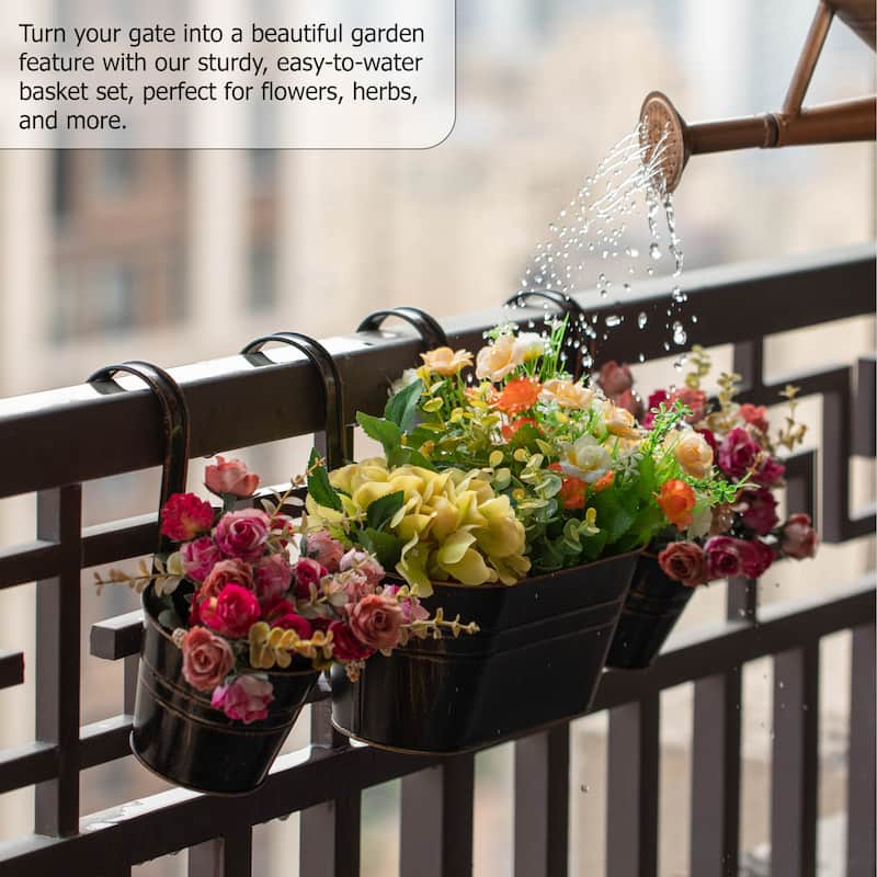 Gardenised Set of 3 Metal Hanging Railing Planters with Detachable Hooks Decorative Outdoor Set for Balcony Patio Deck