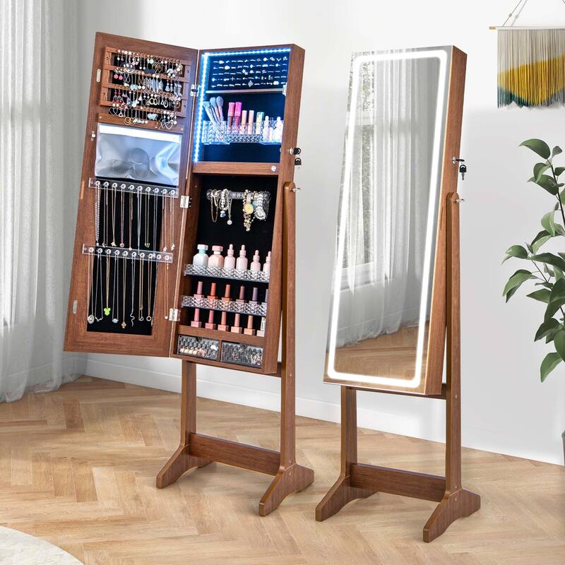 LED Mirror Jewelry Cabinet Organizer Armoire Standing w/ 3 Color Light