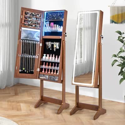 LED Mirror Jewelry Cabinet Organizer Armoire Standing w/ 3 Color Light