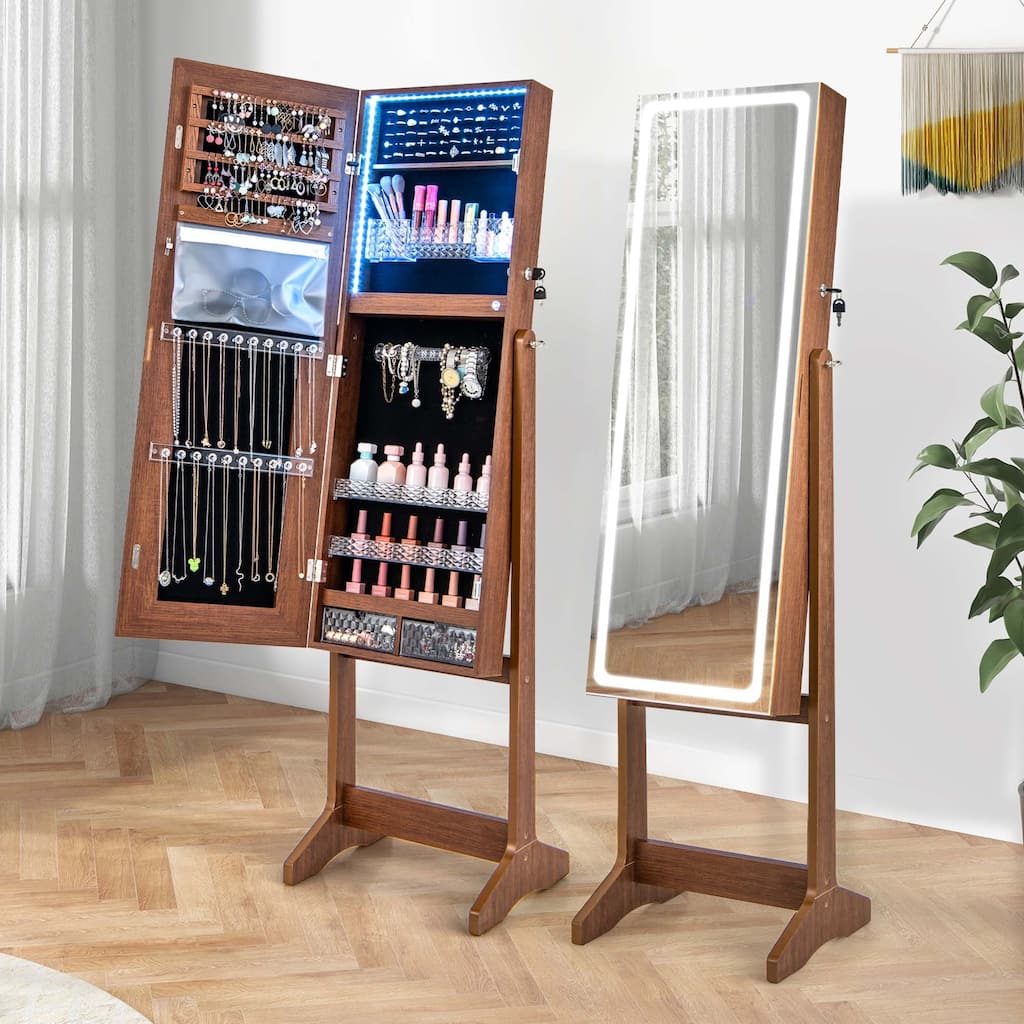 LED Mirror Jewelry Cabinet Organizer Armoire Standing w/ 3 Color Light