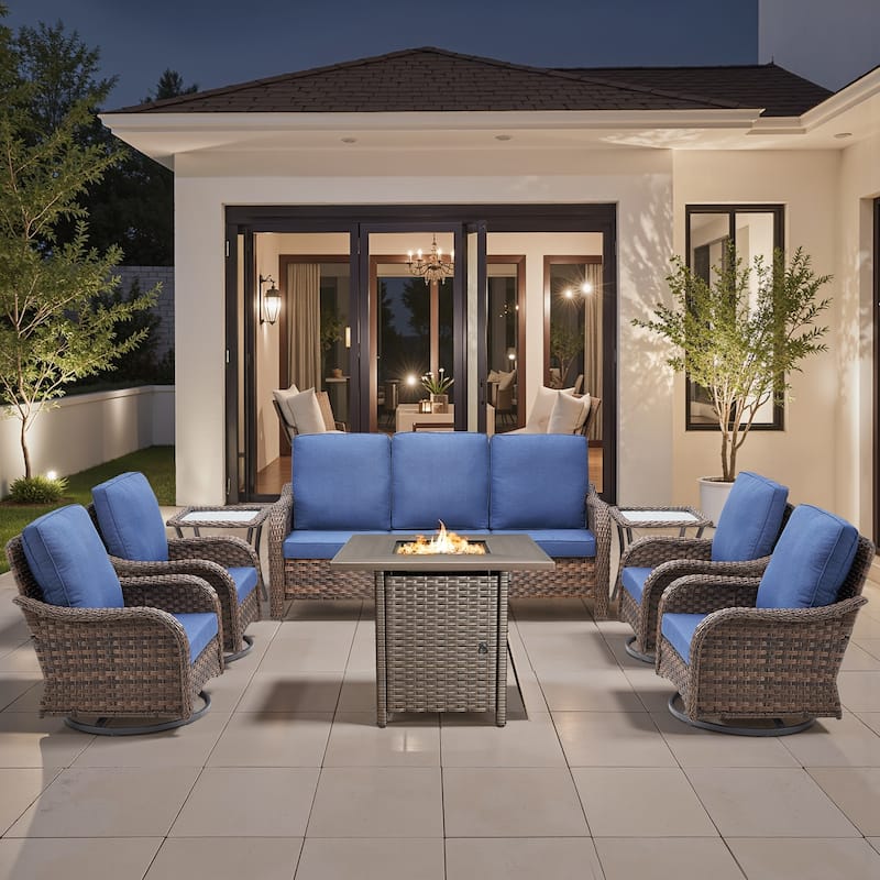 Pocassy Patio Sofa Swivel Chair with Fire Table Funiture Set - Blue Cushion - Brown Wicker - 8-Piece Sofa Swivel Chair with Fire Pit Table