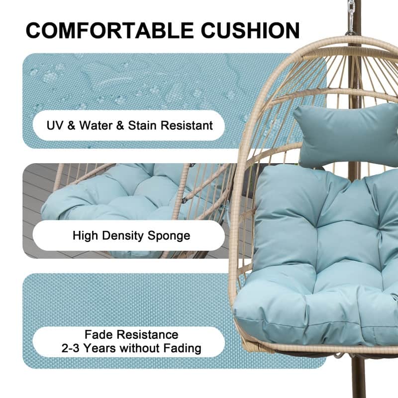 Oversized Wicker Hanging Egg Chair with Stand, Outdoor Indoor Swing Chair with Cushion, 350 lb Capacity