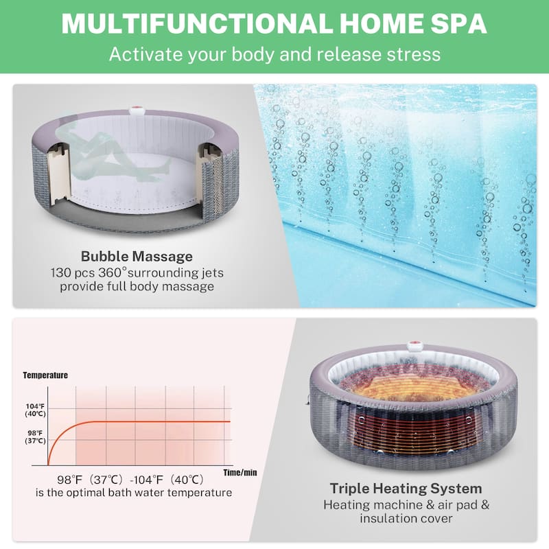 82''Inflatable Hot Tub w/Heating & Filters，Portable Hot Tub for Home Spa，6 Person Round Pool