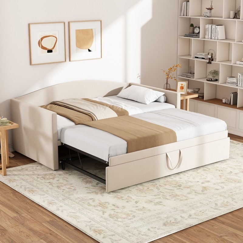 Twin Size Velvet Upholstered Daybed with Extended Pop Up Trundle Bed Convertible King Sofa Bed Frame, Space-Saving Twin to King