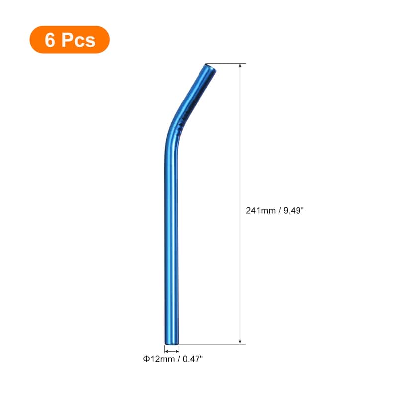 6Pcs Reusable Metal Straws, 9.5" Stainless Steel, 0.5" Wide, Bent
