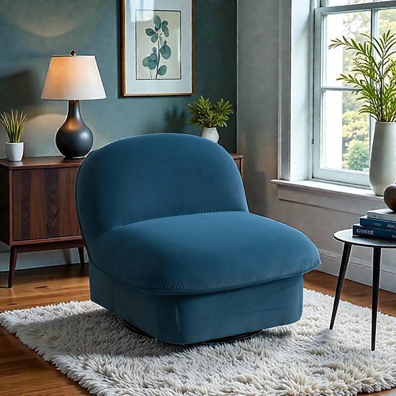 Swivel Accent Chair with 360 Degree Metal Base, Velvet Upholstered Pumpkin Chair for Living Room Bedroom - Smoke Blue