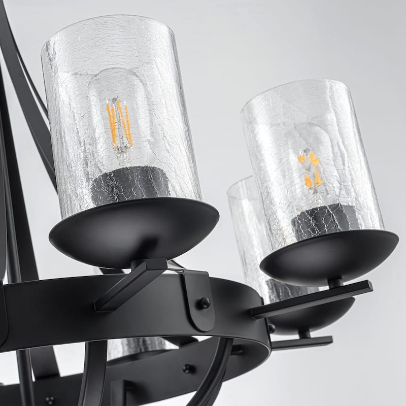 8-Light Industrial Wagon-Wheel Chandelier with Clear Cracked Glass Shades in Matte Black - 28 in. W x 28 in. H