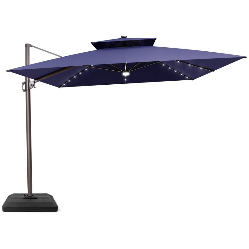 11FT Patio Cantilever Umbrella LED Lights Double Top Umbrella with 4-Piece Fillable Weighted Base