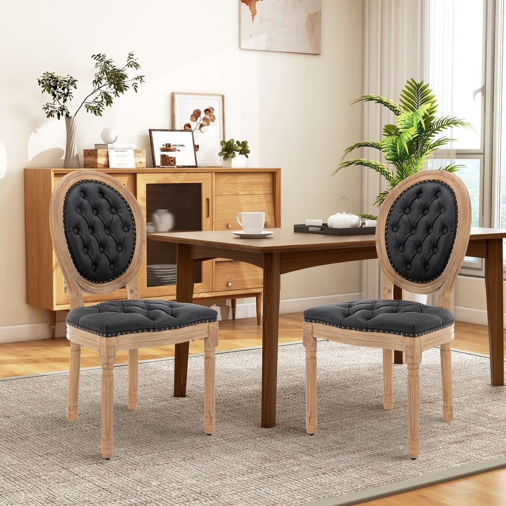 French Country Solid Wood Fabric Dining Chair Set of 2