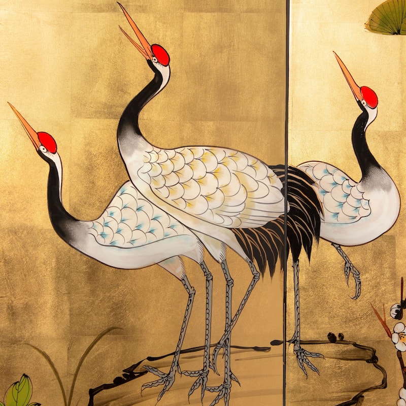 6 ft. Tall Gold Lacquer Room Divider - Cranes