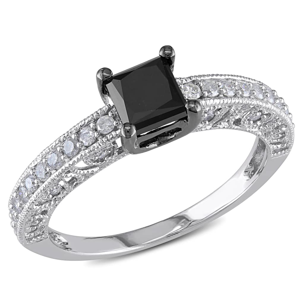 Miadora 1ct TDW Black and White Princess Cut Diamond Engagement Ring in 10k White Gold