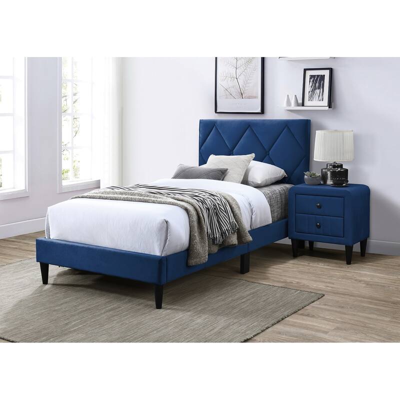 Adjustable Headboard Twin Size Bed with Navy Blue Velvet Upholstery, Modern Youth Bedroom Furniture
